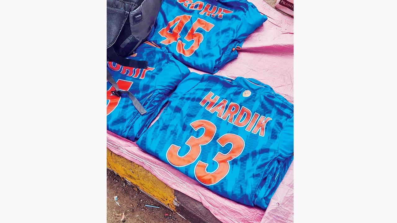 Hardik Pandya jerseys on sale at a pavement outside the stadium on Saturday