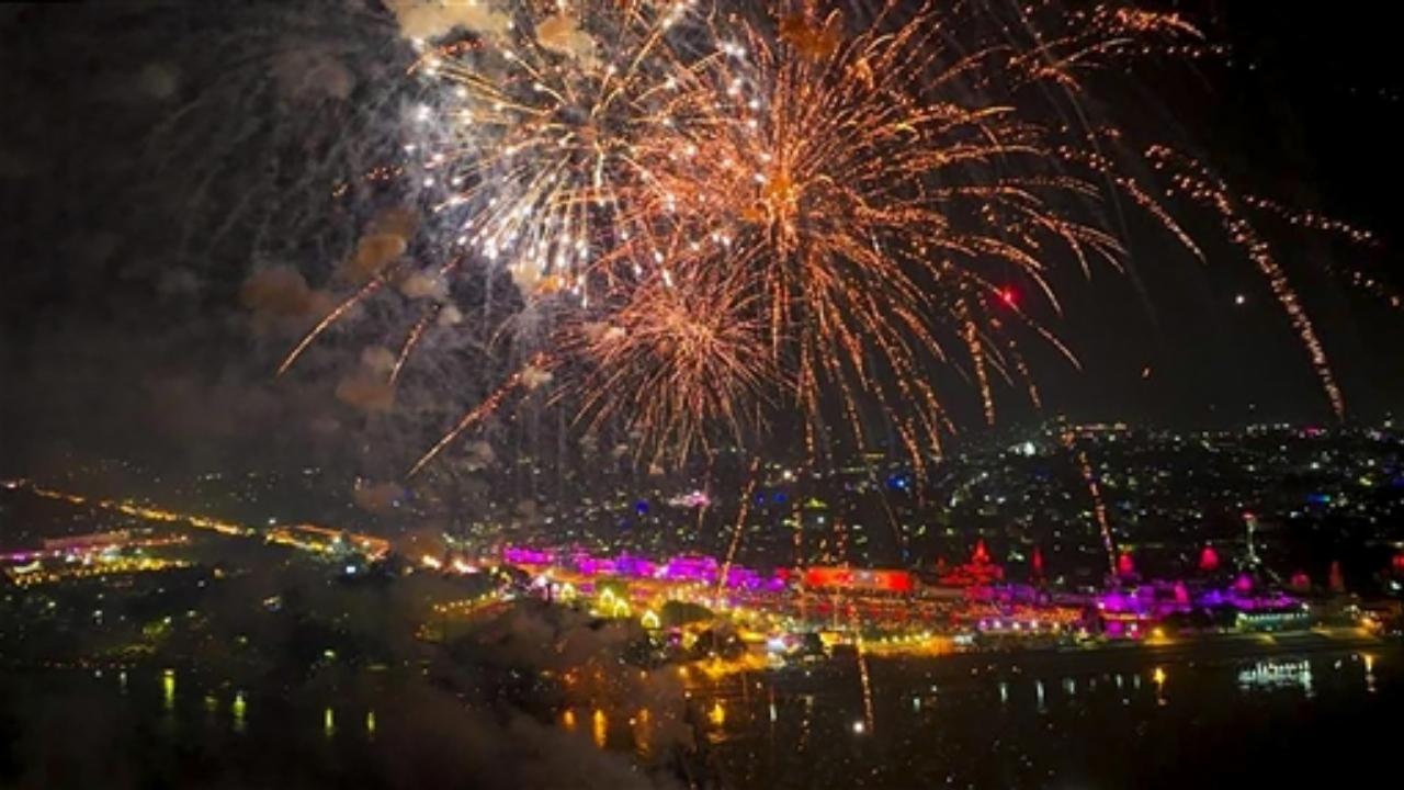 Illumination and fireworks at Ram ki Pouri during Deepotsav (Diwali celebrations), in Ayodhya