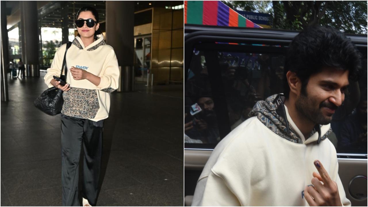 Rashmika wears Vijay`s RWDY collection, actor seen in identical hoodie