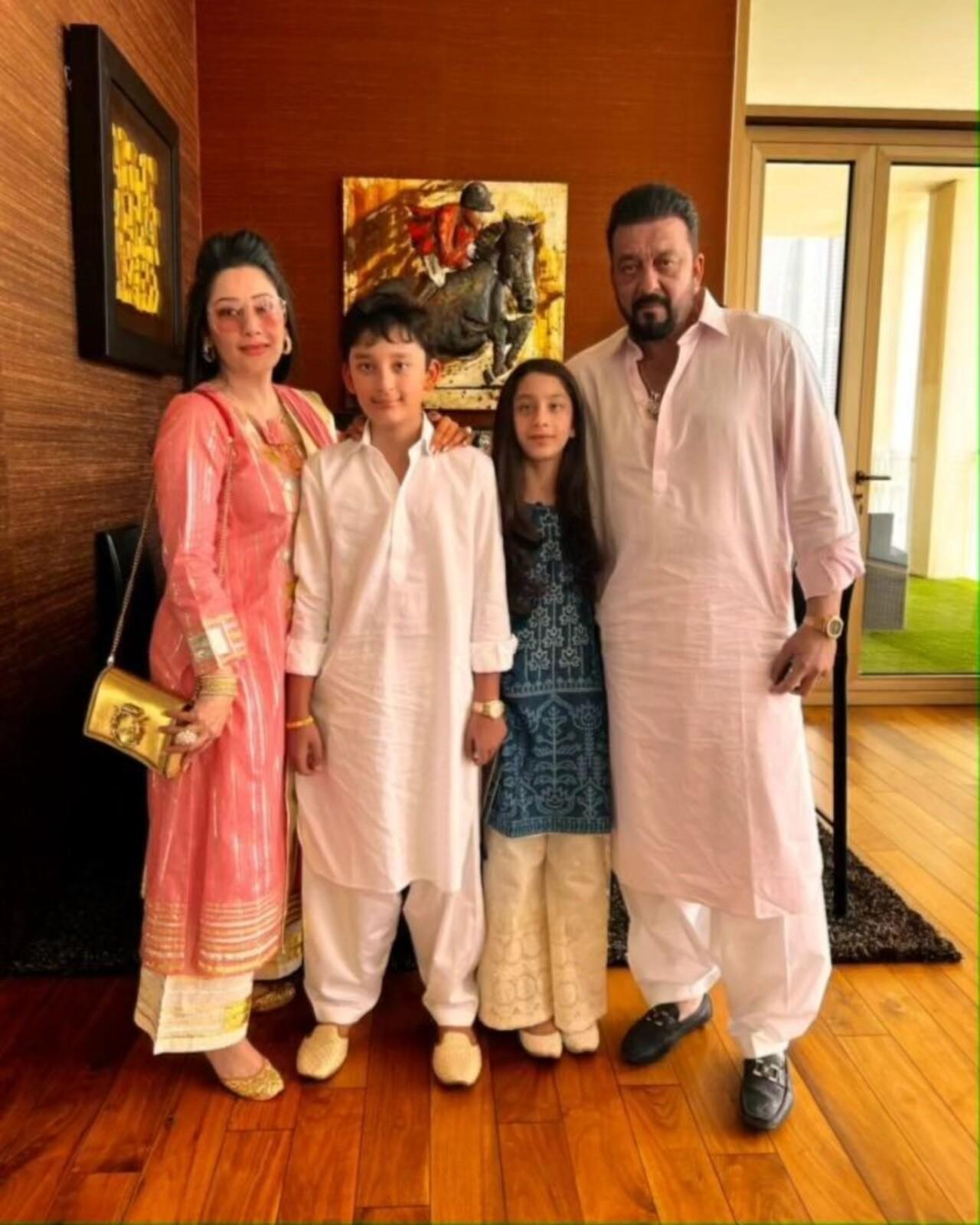 Sanjay Dutt posed with his wife Maanayata Dutt and children Shahraan and Iqra Dutt on Diwali 2023