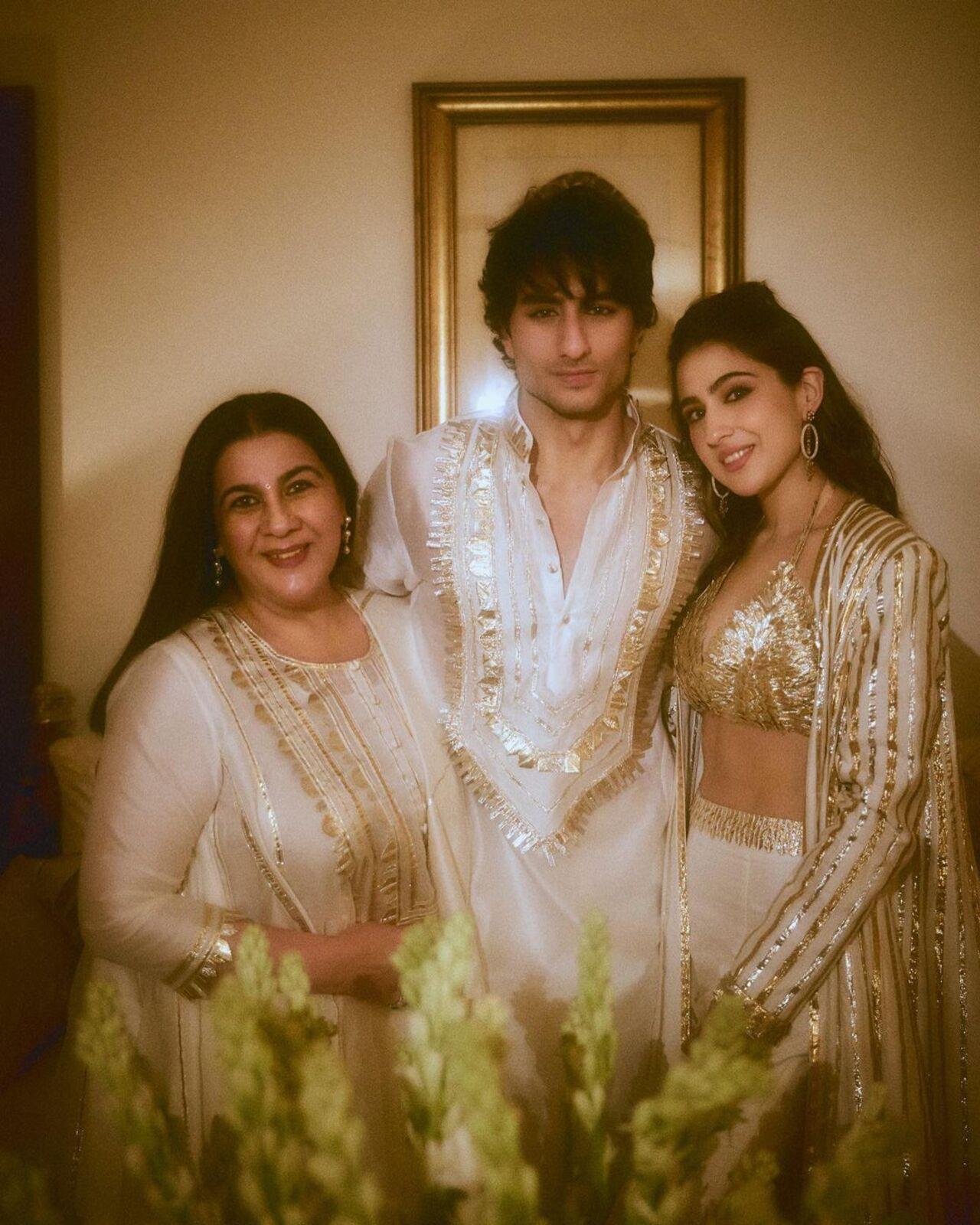 Sara Ali Khan shared a picture with her mother Amrita Singh and brother Ibrahim Ali Khan on Instagram. The pictures were clicked at their Diwali party