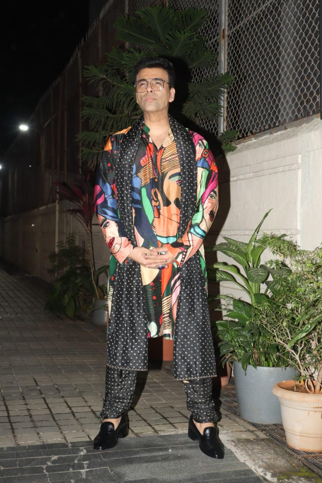 Karan Johar arrived at the venue for the Diwali bash in a colourful sherwani set