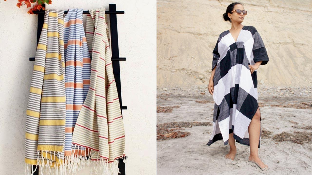 Multi-utility Kerala thorth handloom textile from Kara Weaves; (right) Queen kaftan created from Kerala’s thorth handloom textile by Kara Weaves