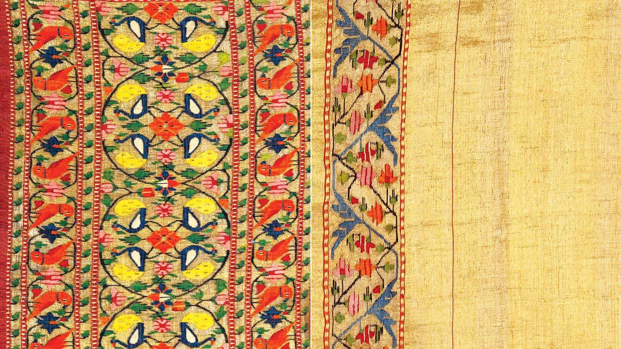 Shawl (shela); cotton, mulberry silk, zari (gold); end panel  and border—complementary plain weave (interlocked tapestry); collection of Shri Chhatrapati Shivaji Maharaj Museum, Satara; (right) Shawl (shela); cotton, mulberry silk, zari (gold); five-shuttle technique, warp joining; end panel—complementary plain weave (interlocked tapestry); collection of Shri Bhavani Museum and Library, Aundh