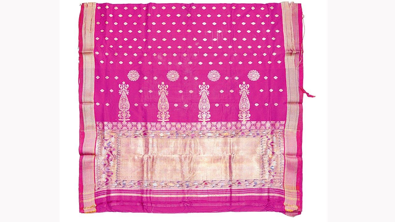 Saree; mulberry silk, zari (gold); field - plain weave with continuous and discontinuous supplementary weft; border - plain weave with supplementary warp; end panel - complementary plain weave (interlocked tapestry); acquired in Paithan by The Directorate of Archaeology & Museums, Government of Maharashtra