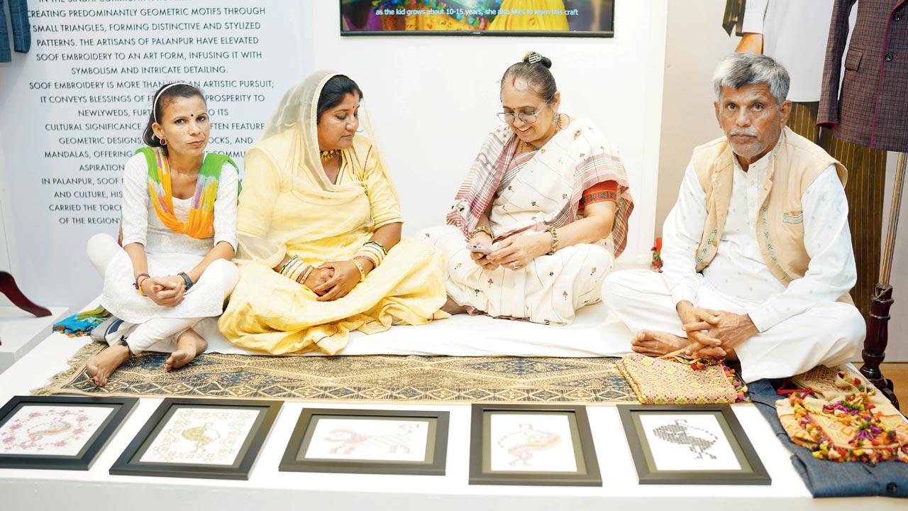 Soof, also known as ‘Sodha Barat’, finds its origins in the Sindhi community who in 1971 migrated from Pakistan to Palanpur in Gujarat. It’s marked by mathematical precision and involves creating geometric motifs through small triangles. “Soofi hamari parampara hain [Soof is our culture]. At 10, I learned it from my mother, who learned it from her mother. Most of us have a high eye power as embroidering intricate patterns is stressful for the eyes,” says Dayaben who with her husband Bhurabhai Dohat (right) has toured the world, sharing her four decade-long expertise with college students