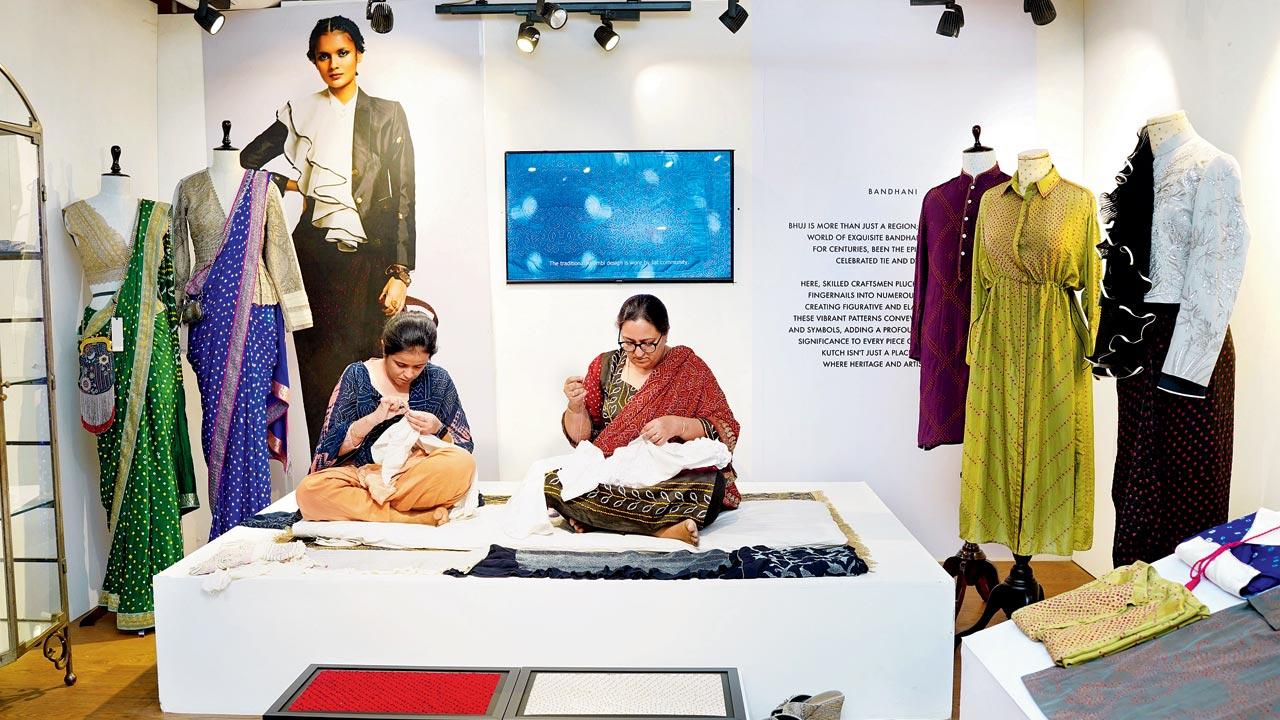 Nasrinbanu and Salehaben (on the right is fifth generation in her family to work with bandhani) from Bhuj create figurative designs by the tedious plucking and tying of cloth with the fingernails into miniscule bindings that reveal a pattern once dyed. “Bandhani comes from the word bandhan [bond]; that’s why Gujarati families prefer the bandhani when the couple takes the pheras,” says Monica Shah 
