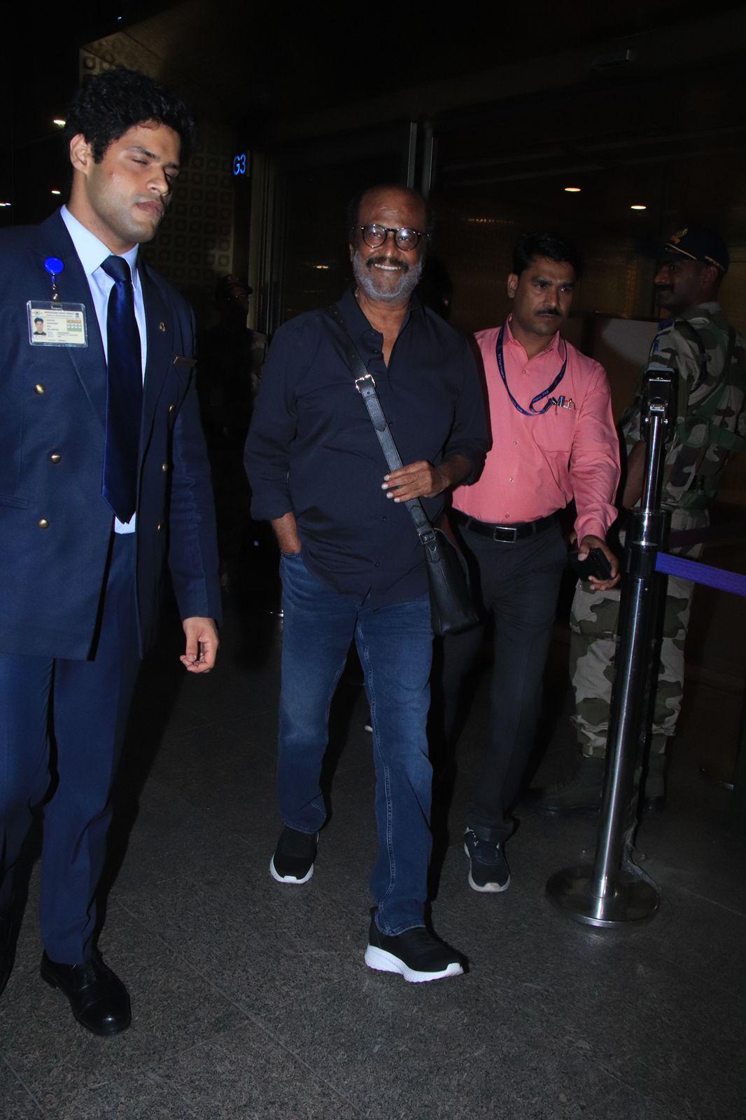 Rajinikanth was snapped at the Mumbai airport ahead of the India vs NZ sem-finale