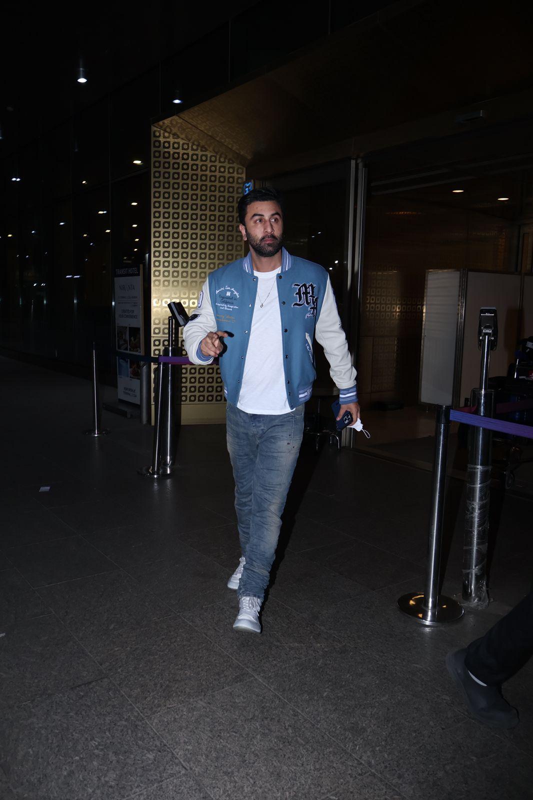 Ranbir Kapoor opted for a white T-shirt and paired it with a denim jacket and blue jeans