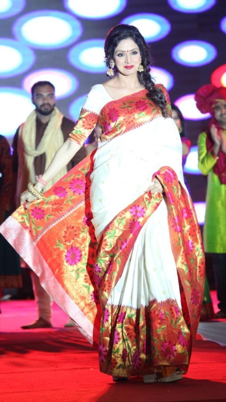Sridevi wore a white paithani saree for a fashion show and made many heads turn. She matched her saree with an identical blouse