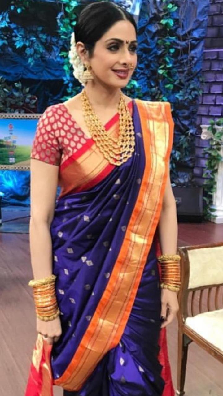 Looking gorgeous in a blue paithani, Sridevi draped the saree in a traditional Maharashtrian navvari style