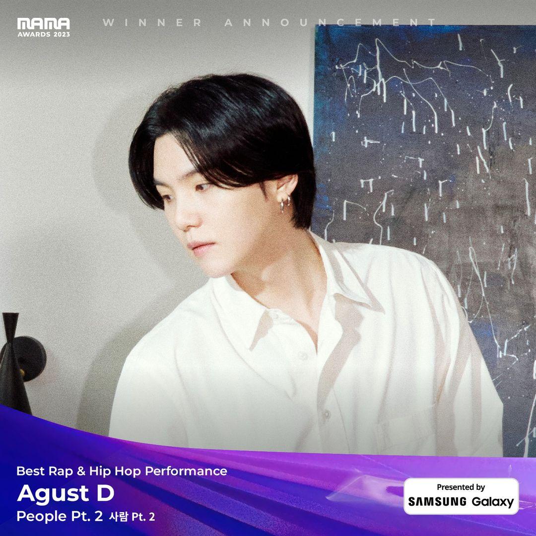 The Best Rap & Hip Hop Performance award went to Agust D (BTS member Suga) for the track 'People Pt.2' featuring IU.