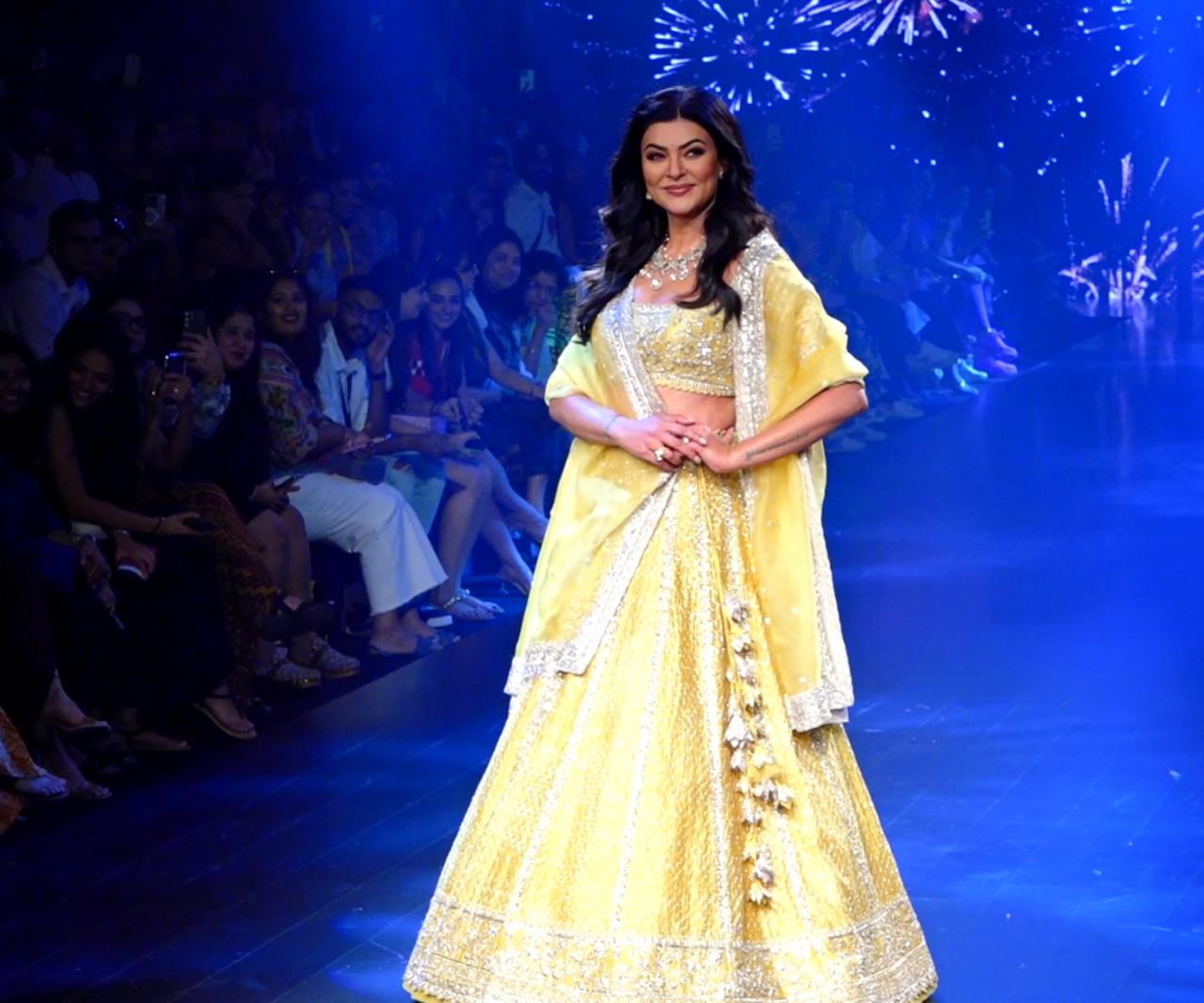 Post surviving a major heart attack, Sushmita Sen returned with a walk on the ramp in this bright lehenga exuding grace and warmth