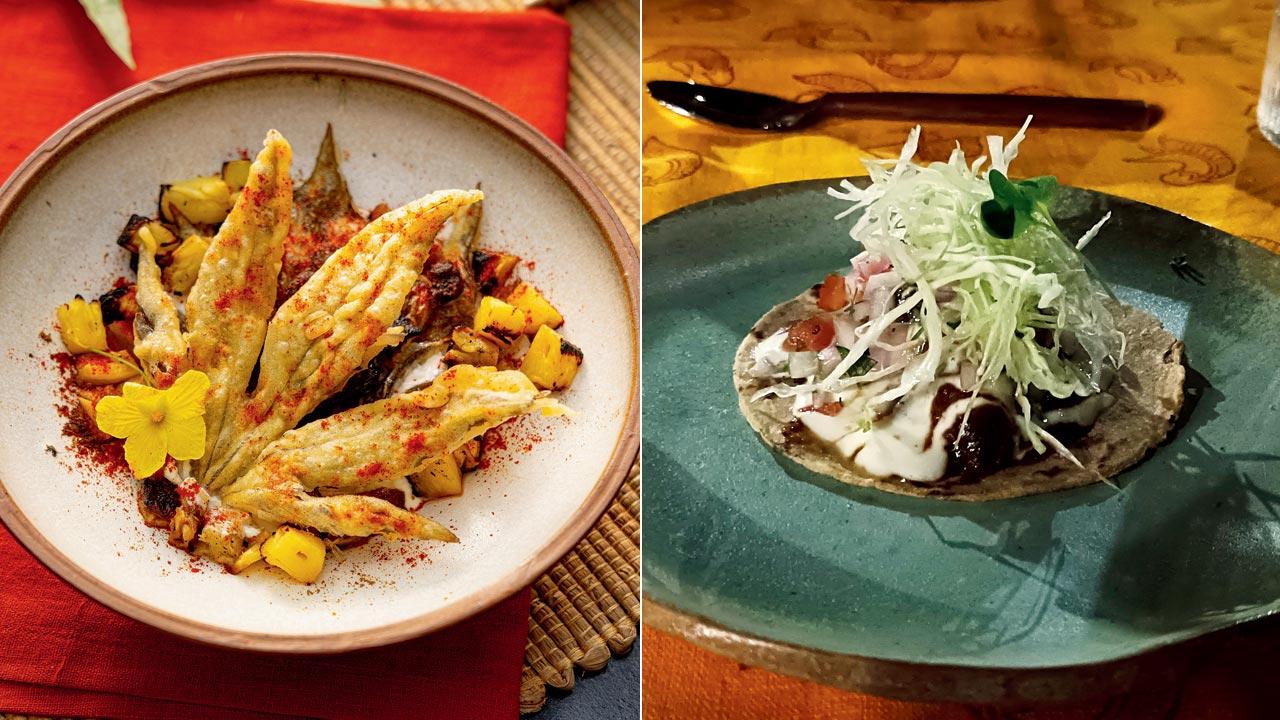 Ambadi with charred pineapple; (right) Slow cooked raan, jowar bhakri and lal theccha 
