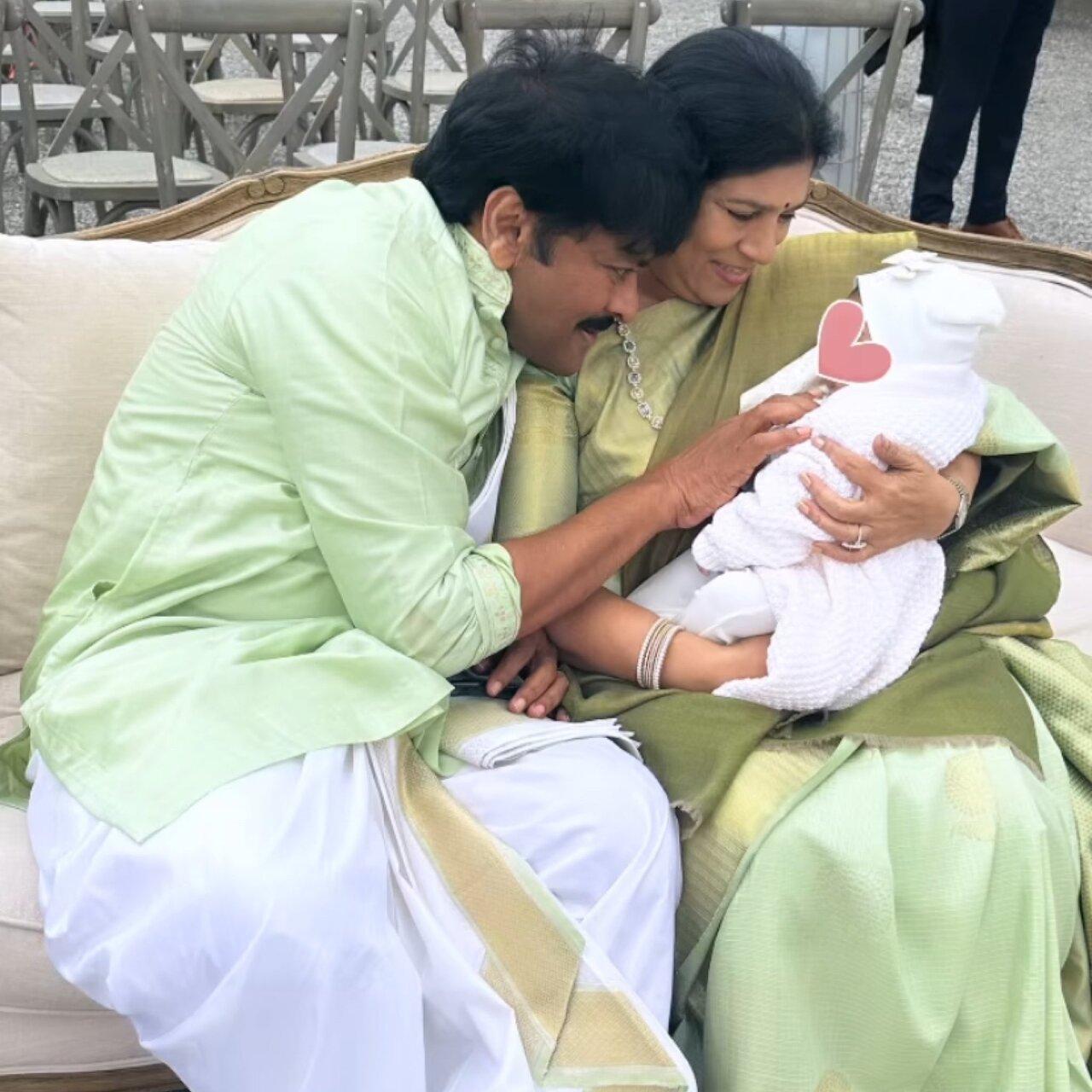 Chiranjeevi and his wife have a moment with their granddaughter
