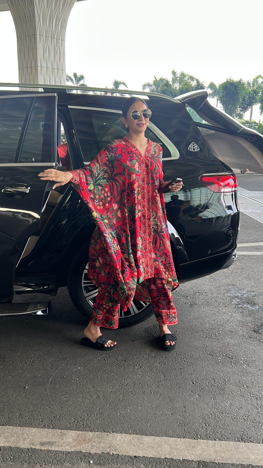 Rakul Preet Singh opted for a red kaftan-style kurta set for her airport look
