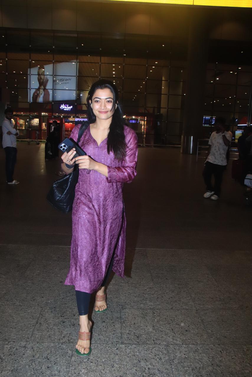 Rashmika Mandanna was snapped at the airport wearing a pretty purple kurta complemented with black bottoms