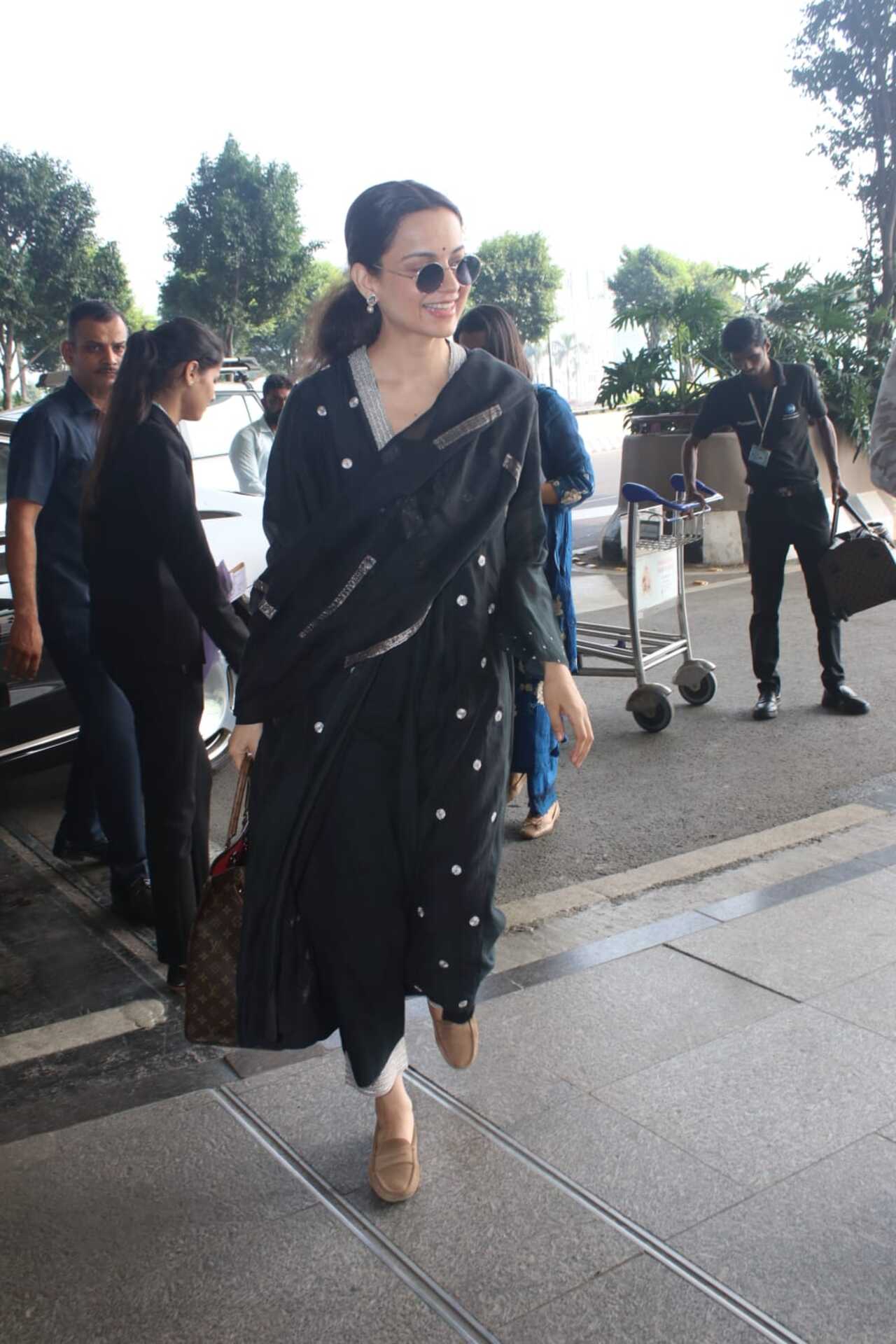 Kangana Ranaut chose to go traditional for her airport look as she was clicked wearing a black kurta set