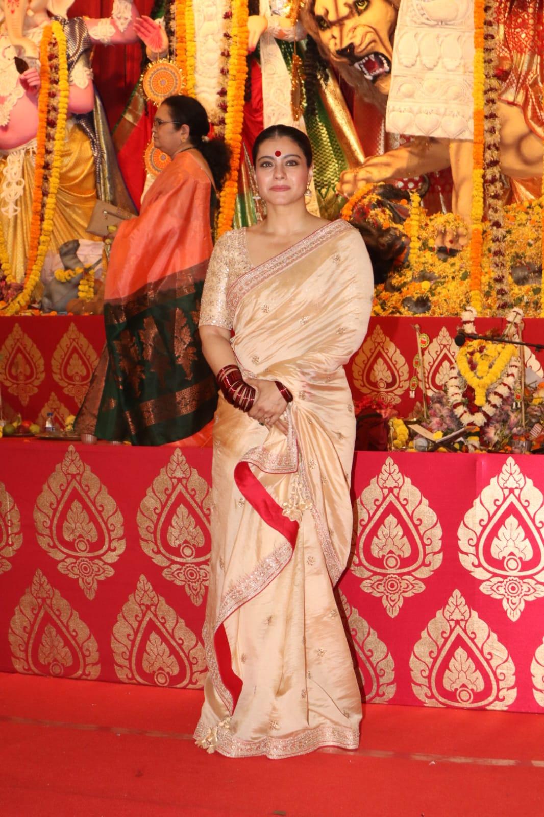 Kajol wore a stunning saree as she went to visit the pujo pandal in Juhu