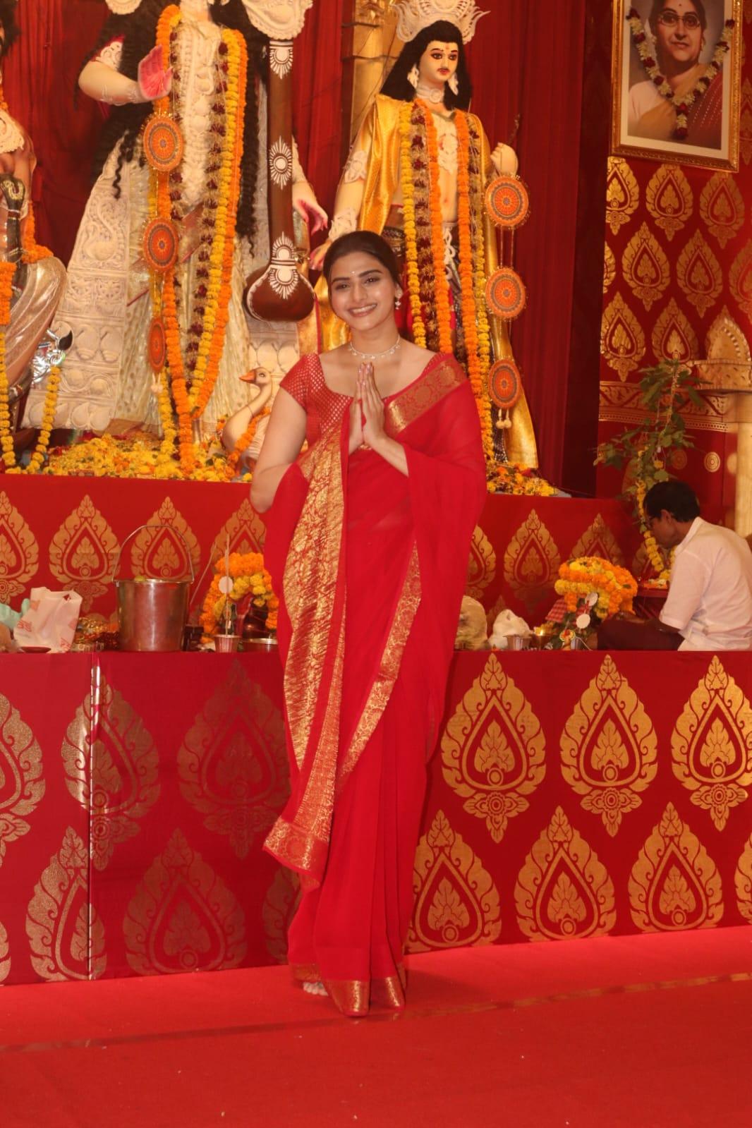 Prachi Desai opted for a red outfit as she went to seek blessings at the Durga puja pandal in Juhu