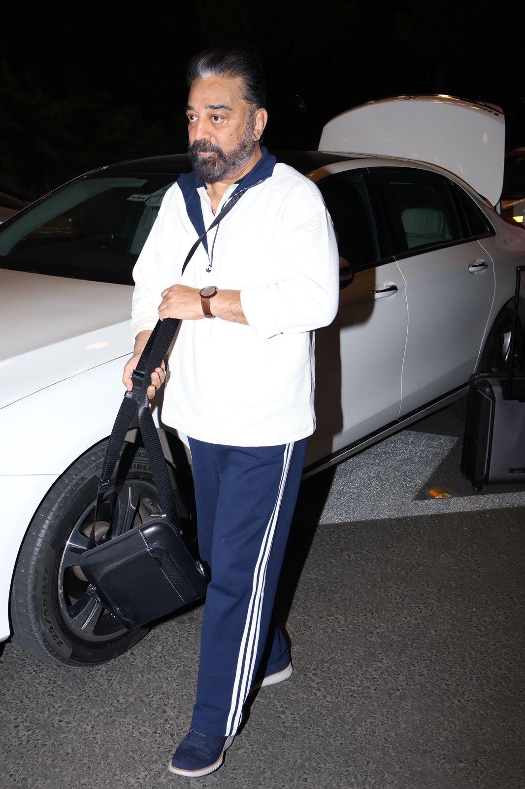 Kamal Hasaan was seen wearing white T-shirt with comfy pyjamas as he was clicked 