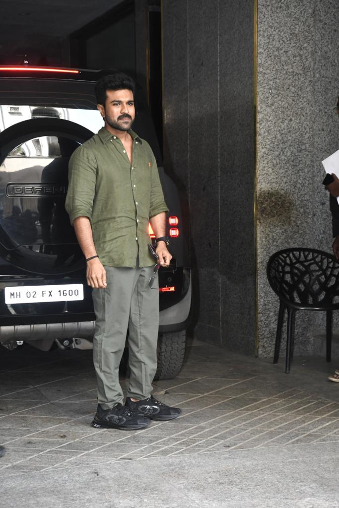 Ram Charan was spotted in the city wearing a stylish green shirt with matching trousers