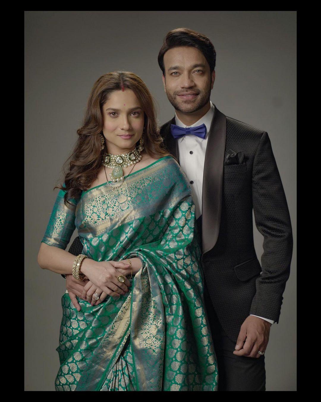 If you're looking to make a stylish entrance with your husband, take a few cues from Ankita and Vicky. The actress's stunning green saree complements her husband's dashing tuxedo so perfectly that it's an unbeatable combination.