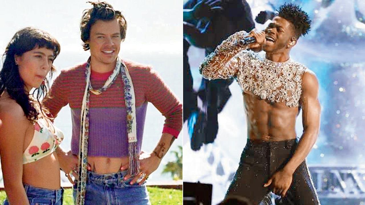 Harry Styles sports a crop top in a music video; (right) Lil Nas X in his single-sleeved bejewelled crop top at the Grammys Awards