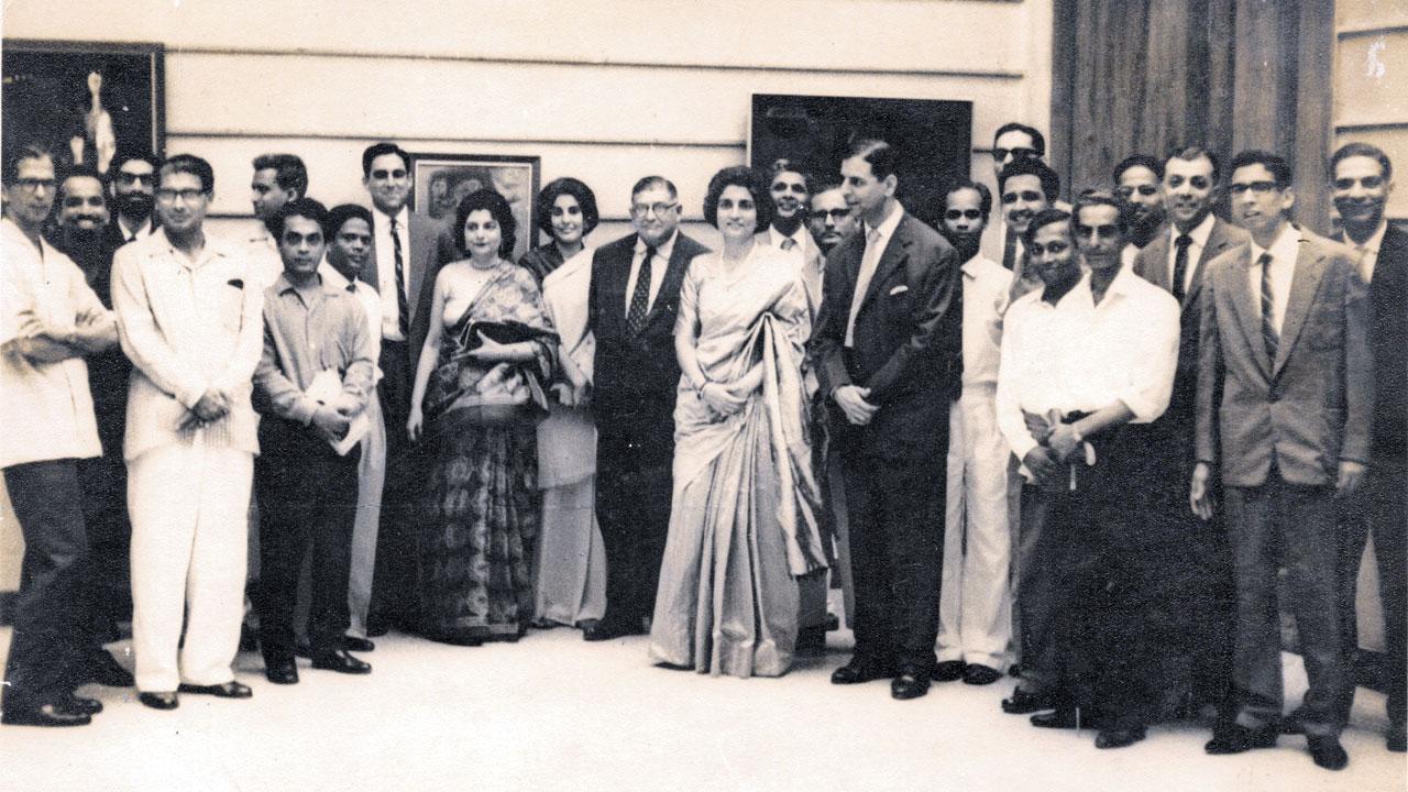 (From left) KK Hebbar, Laxman Pai, Gal Arya, Siaxes Chandan and Gaitonde with the family and staff at the opening of the gallery in September 1963. Pics Courtesy/Chemould Prescott Road