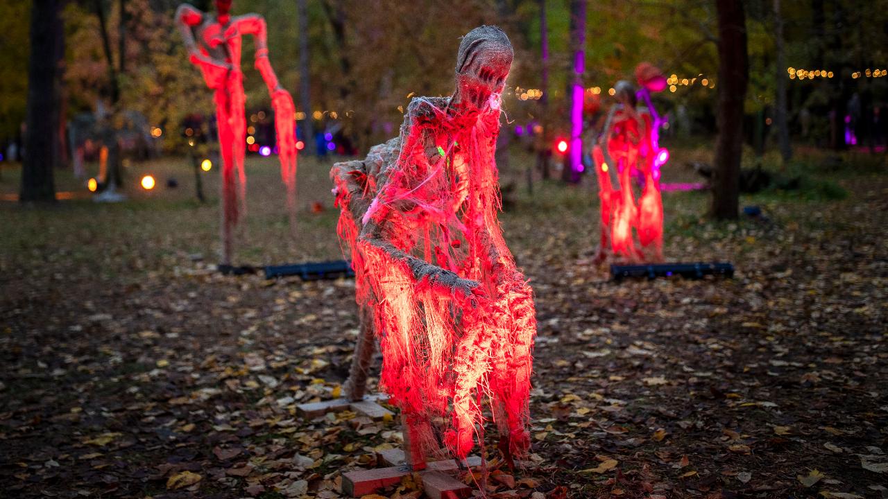 Halloween ghost statues in the park during a Halloween celebration in Vilnius, Lithuania on Monday, October 30.