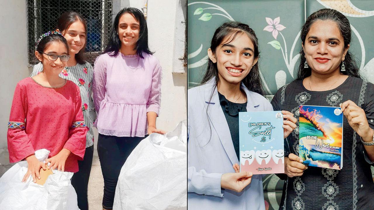 Jiya Gada (left) with friends during a  collection drive; (right) at the book launch