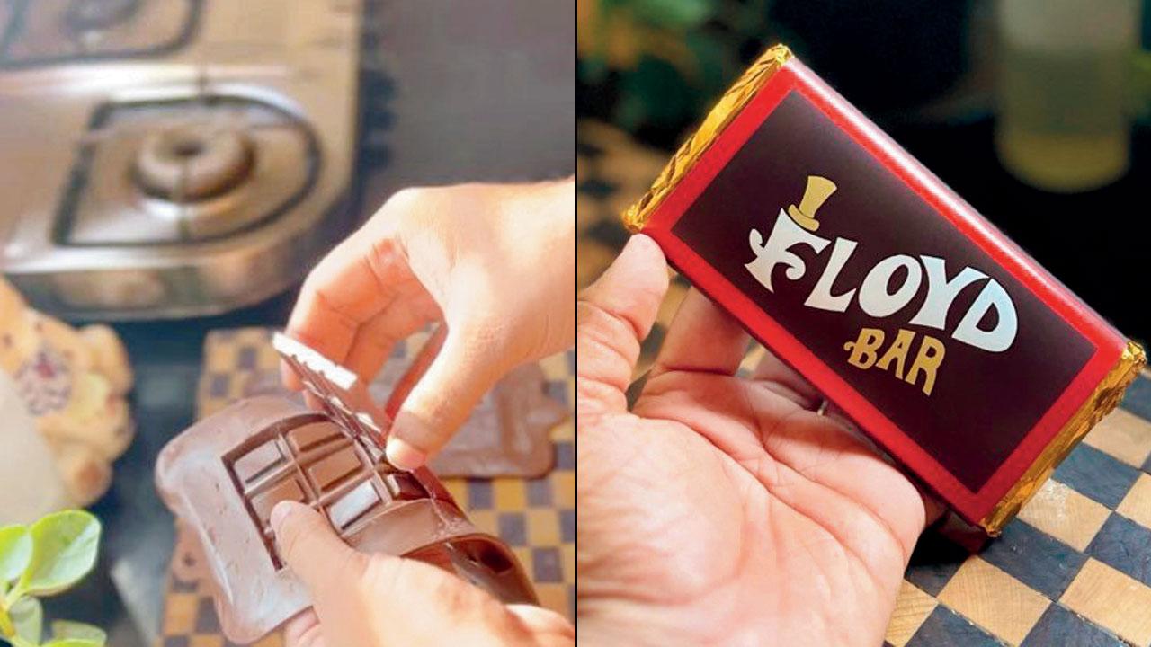 Joshi’s chocolate in the making (right) final look of the Charlie and the Chocolate Factory-inspired bar