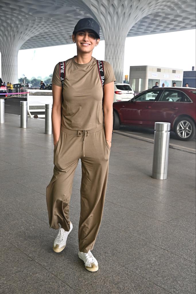 Kubbra Sait was snapped at the airport. The actress chose a brown coloured co-ord set for her airport look