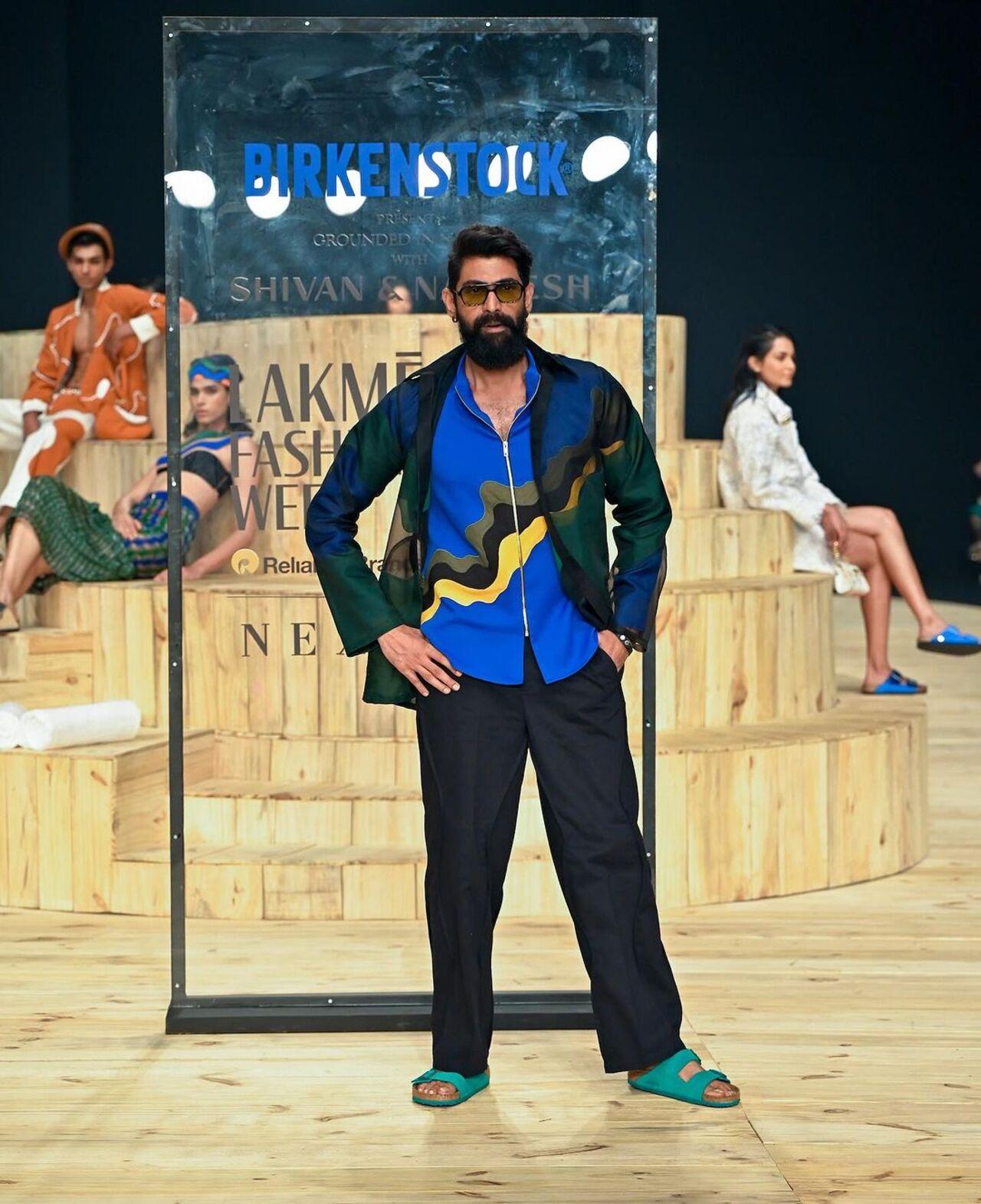 Rana Daggubati brought colours to the ramp as he walked in a bright blue shirt with black jacket