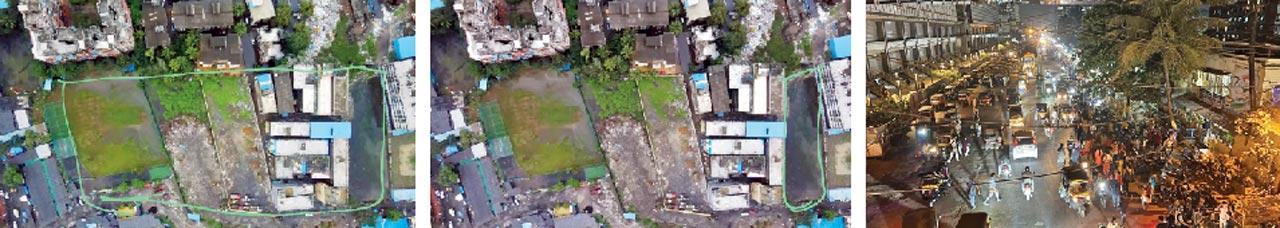 (From left) 20-acre Sai Bazaar plot in Nalasopara, which is reserved for a playground; 32-guntha plot piece of land identified for the new police station; Police station lacks a parking area, which contributes to traffic snarls
