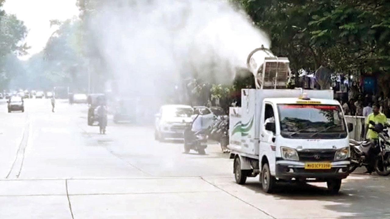 One of the civic body’s vehicle-mounted mist machines in action on Sunday