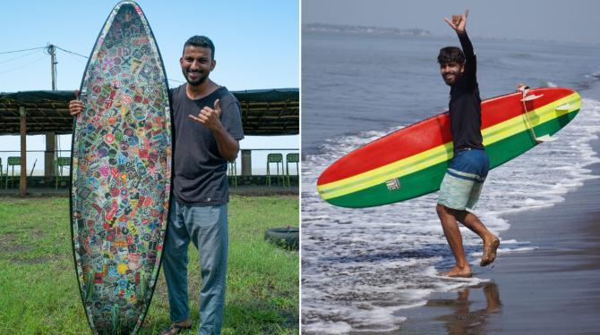 While Devdatt Manjrekar (left) has finished making his first board (in picture) and is on to making his second one, Manoj Kumbhar (right) is in the middle of making his first two surfboards too. Photo Courtesy: Devdatt Manjrekar/Manoj Kumbhar