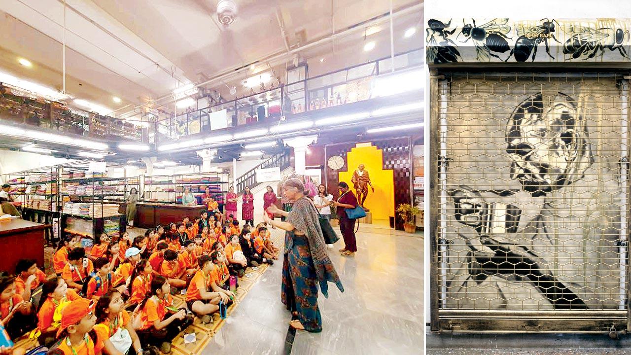 Children attend a previous workshop on Ahimsa silk hosted in the space; (right) B for Bapu. Pic Courtesy/Atul Dodiya Studio