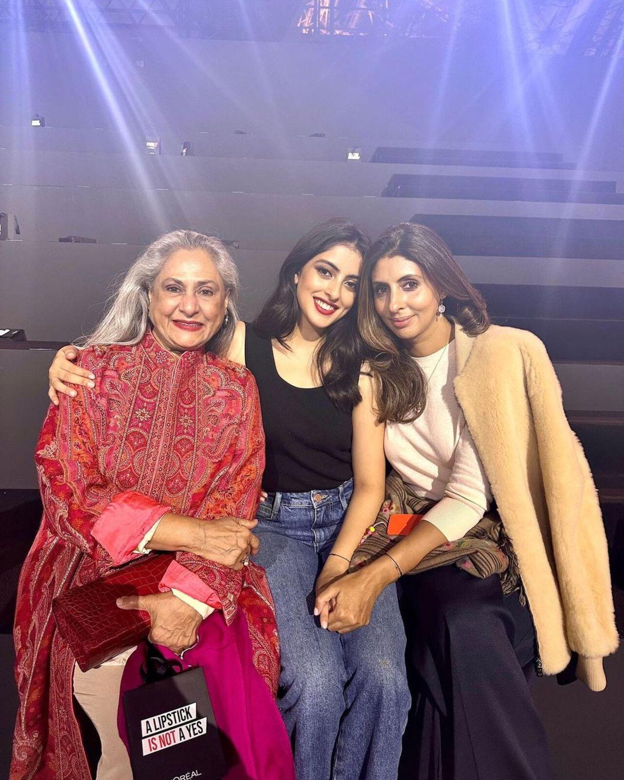 Navya Naveli Nanda poses with her cheerleaders mother Shweta Bachchan and grandmother Jaya Bachchan