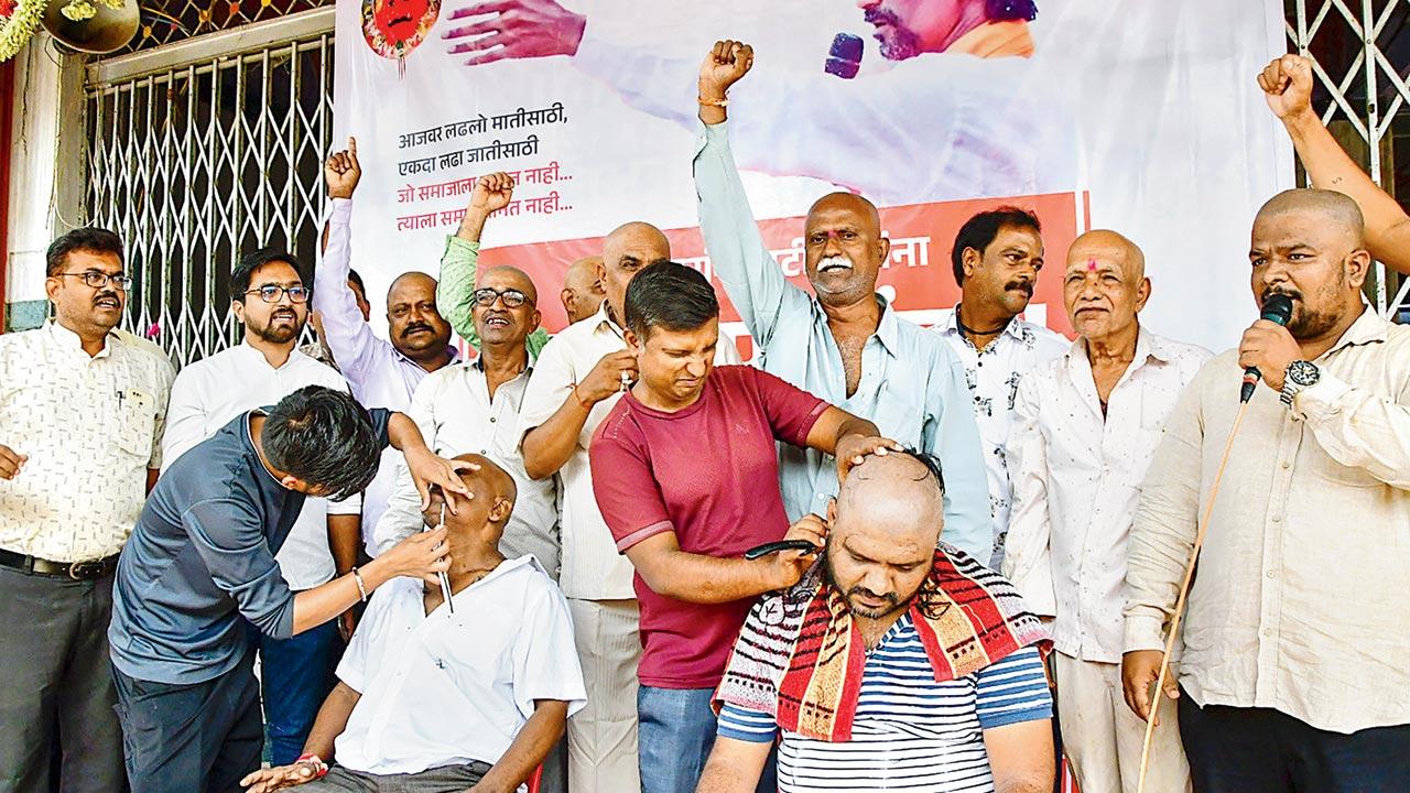 Maratha community people shave their heads in support of Maratha reservation activist Manoj Jarange Patil in Mumbai  