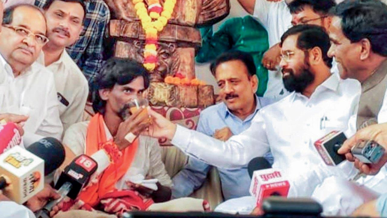 CM Eknath Shinde with Manoj Jarange during his fast in Sept. Pic/PTI