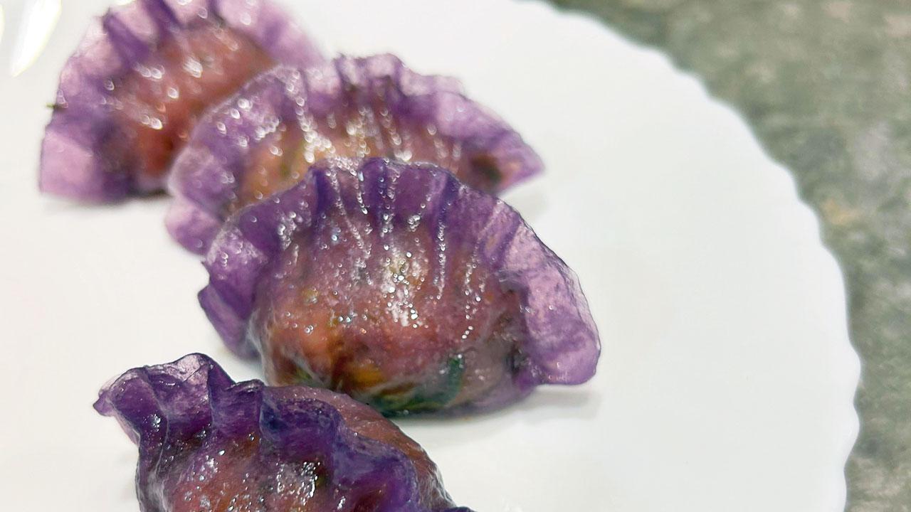 Purple chicken coriander dumplings. Pics/Dhara Vora Sabhnani