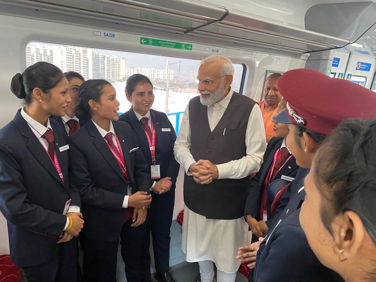 PM Modi showed the green flag to the 'Namo Bharat' train connecting Sahibabad and Duhai Depot stations, marking launch of the Regional Rapid Transit System (RRTS) in India. The train can run at a speed of 180 km per hour