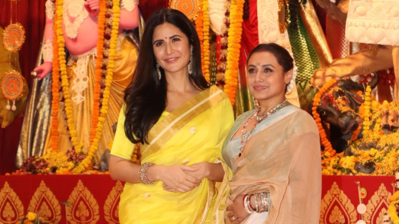 Katrina Kaif reaches star-studded Pujo pandal, poses with Rani Mukerji