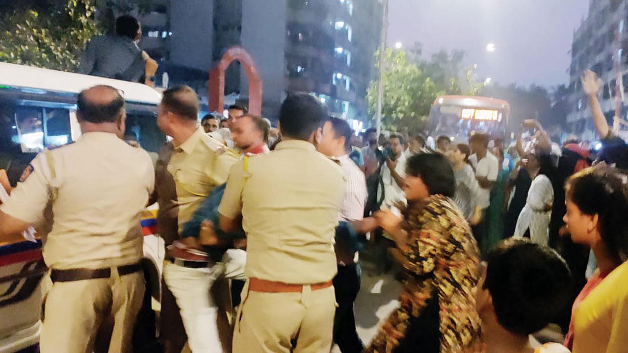 Scenes from the protest at Lallubhai Compound in Mankhurd on Friday evening. Pics/Eshan Kalyanikar