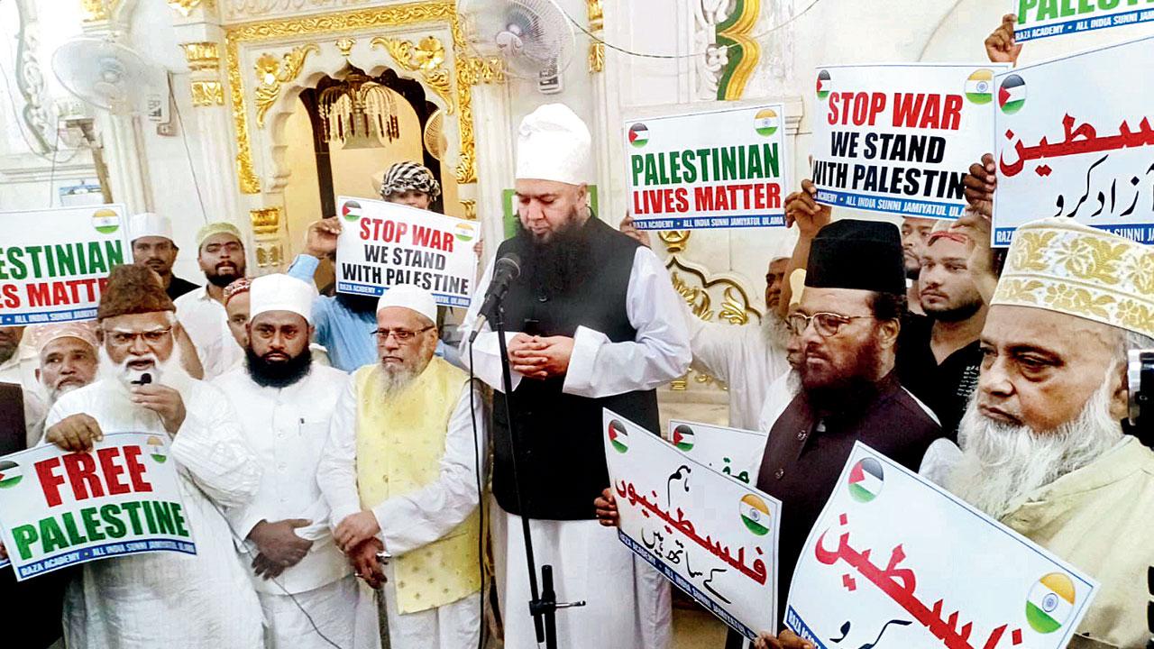 Members of Raza Academy organise a special prayer for the Palestine people outside Minara Masjid, Mohammed Ali Road on Friday