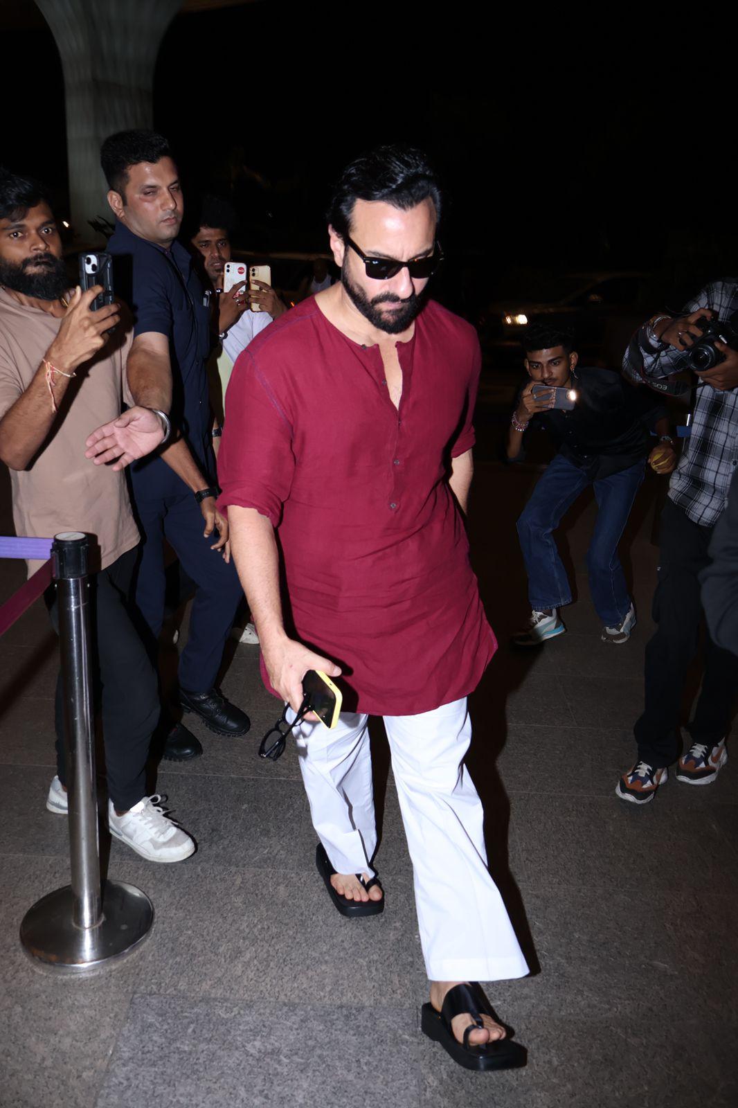 Saif Ali Khan looked dashing in a red kurta and white pyjama as he was clicked at the airport