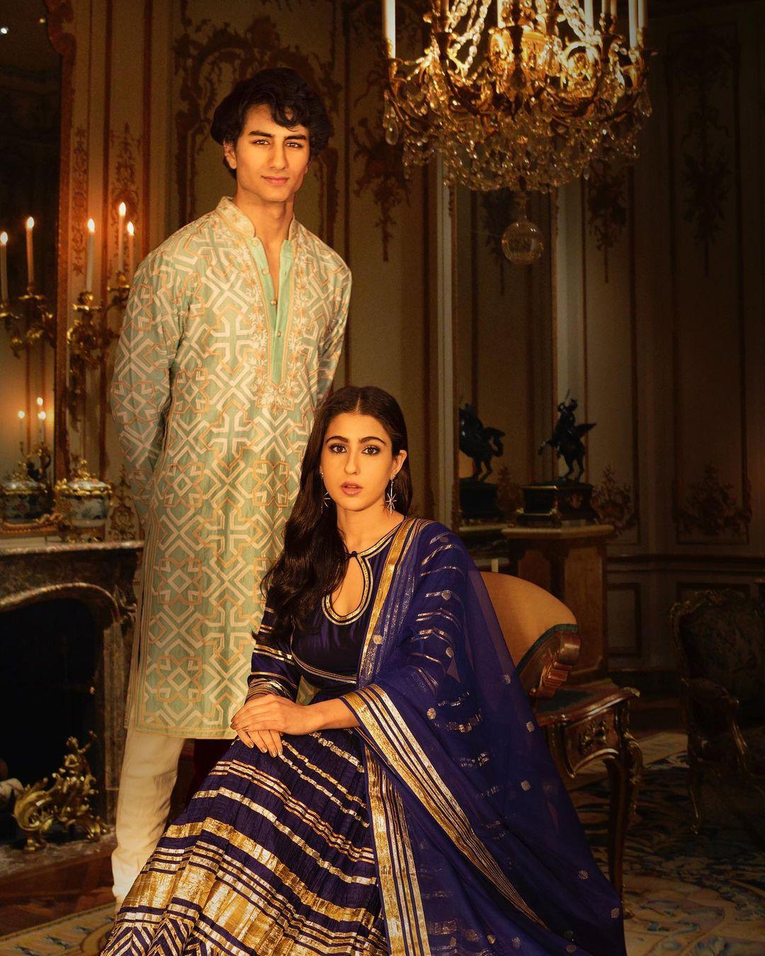 Ibrahim Ali Khan looked like a perfect nawab in his green kurta, while Sara Ali Khan looked nothing less than a princess in her blue kurta set