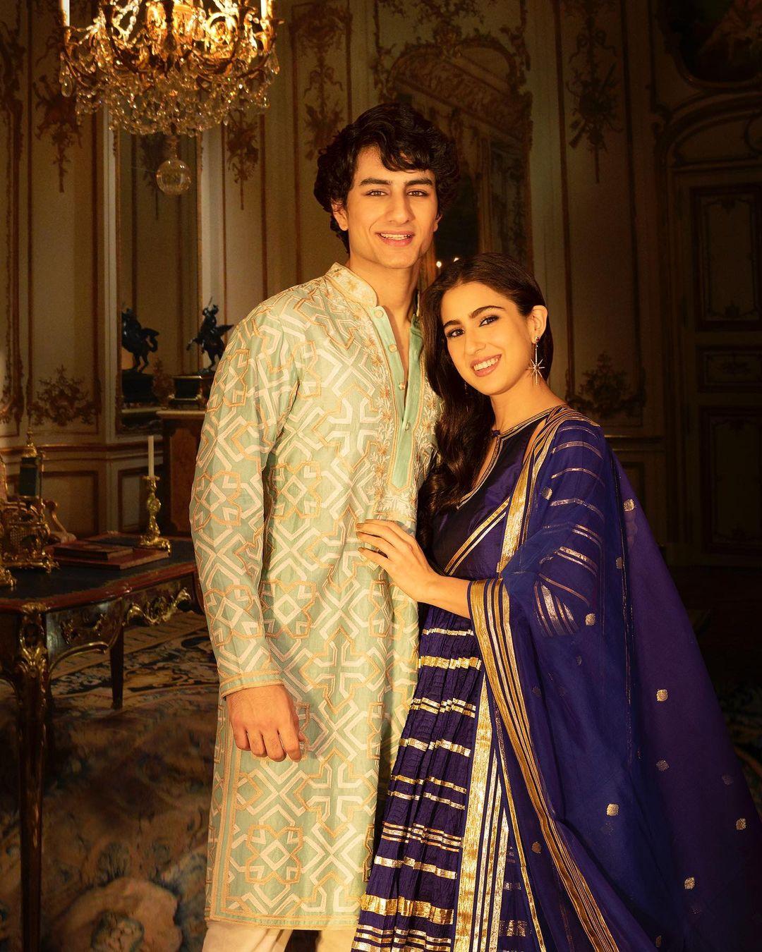 In this picture, Sara Ali Khan and Ibrahim posed together in coordinated traditional outfits, showcasing sibling goals