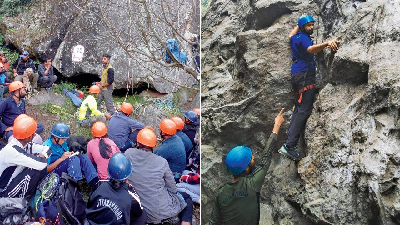 (From left) Omkar Joshi briefs students before a training session in Manali; Chirag Dhabalia teaches rock climbing in Darjeeling